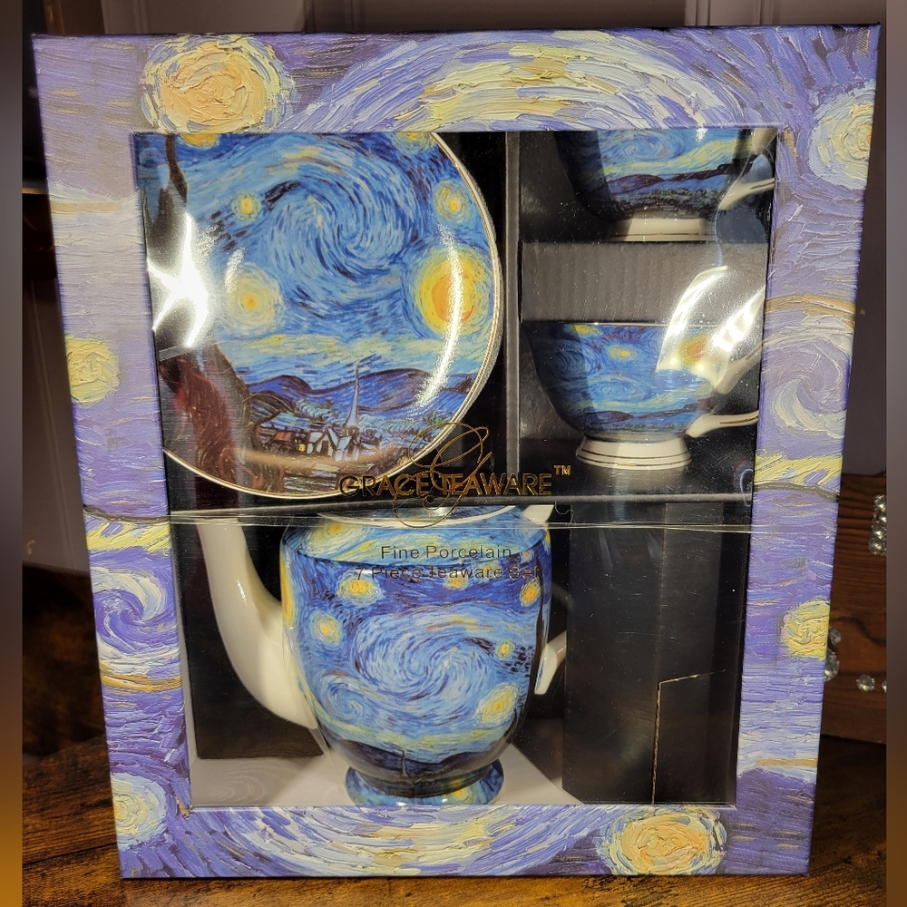 GraceTeaware Starry Night Porcelain Tea Set - Blue/Yellow